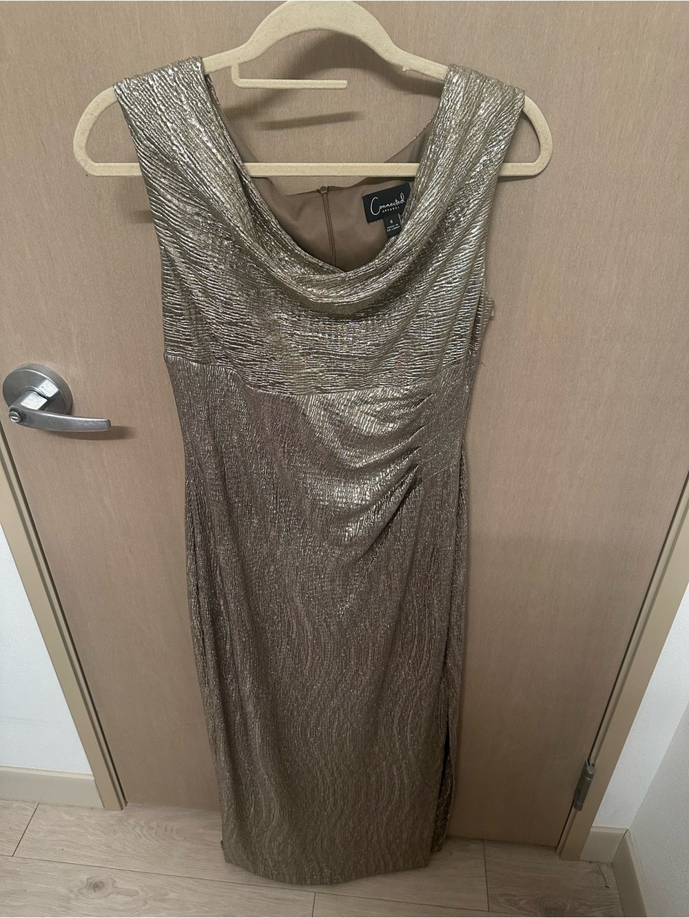 Connected Apparel Metallic Gold Draped Cowl gown size 6